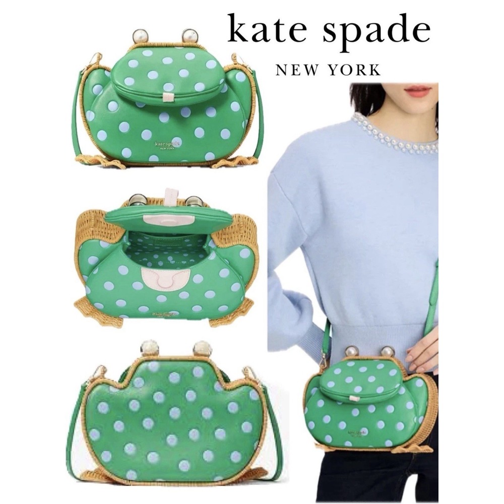 Kate Spade Lily Polka Dot Wicker 3D Frog Crossbody Novelty Bag - Picture 2 of 8